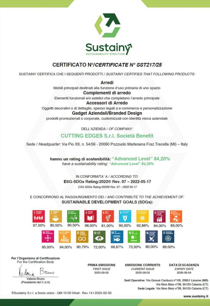 Certificato Sustainy n. SST217/25 rilasciato a Cutting Edges S.r.l. Società Benefit, livello Advanced 84,2%
